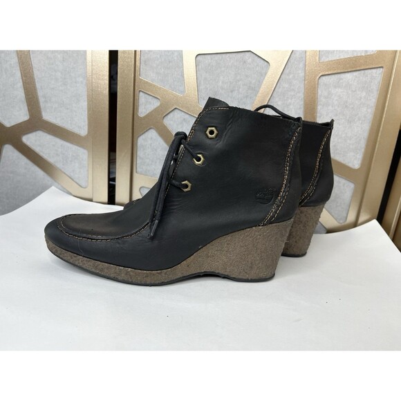 Timberland Women Ankle Boots Black Nubuck Leather Wedge Heels Bootie Sz 11 - Picture 3 of 10